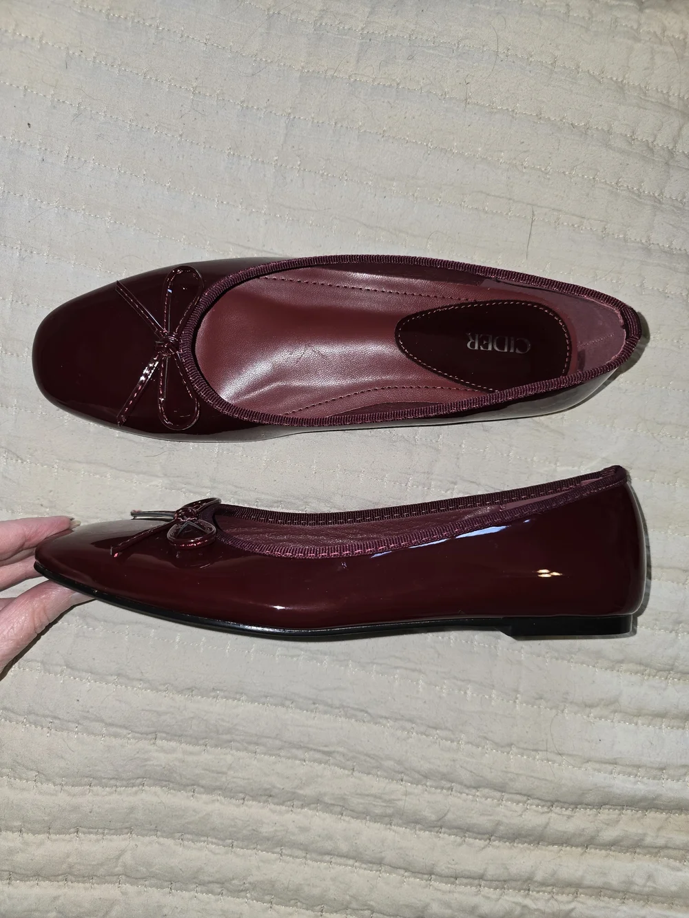Wine Square Toe Flats With Bow Detail. Adorable Shoe With Patent Finish.